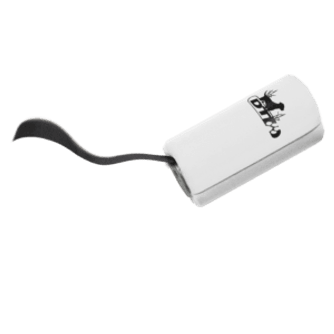 Huvudbild Dummy till apportkastare Vit tyg med svart streamer Längd ca 16 cm Diameter ca 8 cm DT